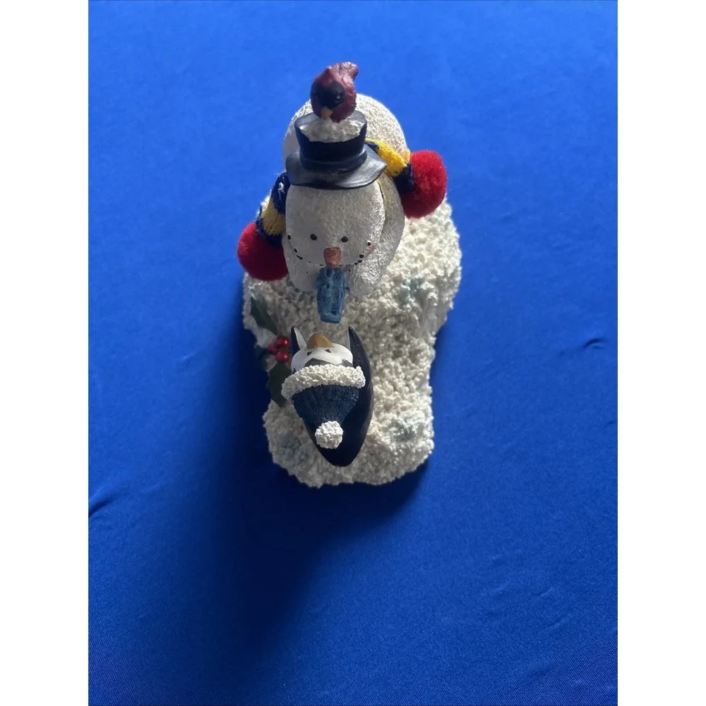 Snowman With Penguin Figurine Musical Box Works Wish You A Merry X-mas 6.5